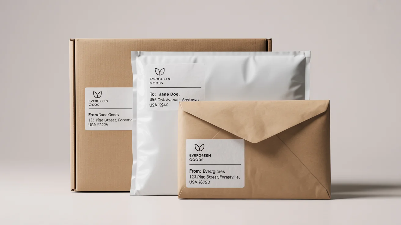 A collection of professionally branded shipping packages, including a cardboard box and two mailers, each with a custom 'Evergreen Goods' shipping label, displayed on a clean white background.