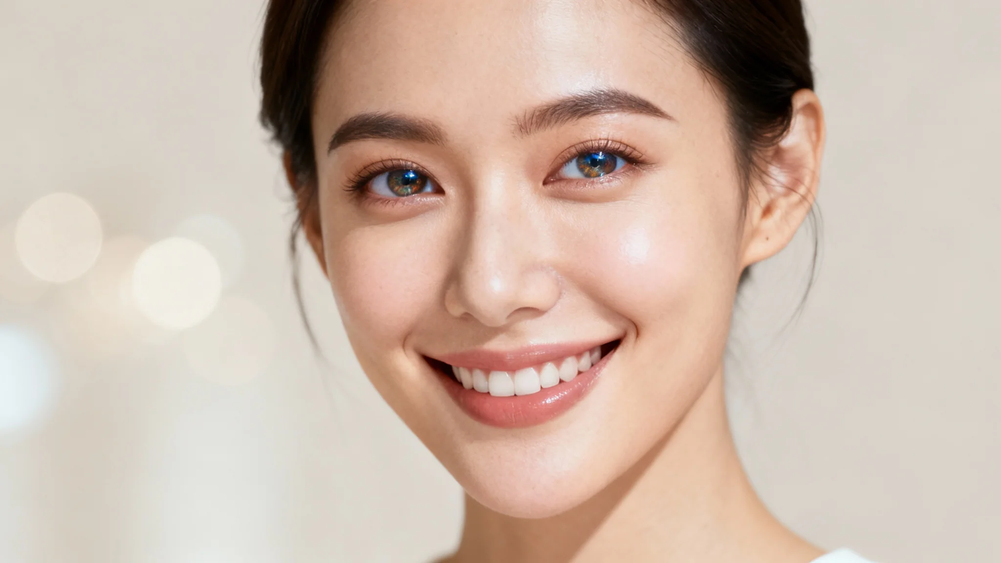 A professionally retouched close-up portrait of a smiling woman, showcasing flawless skin and bright eyes against a soft, blurry background.