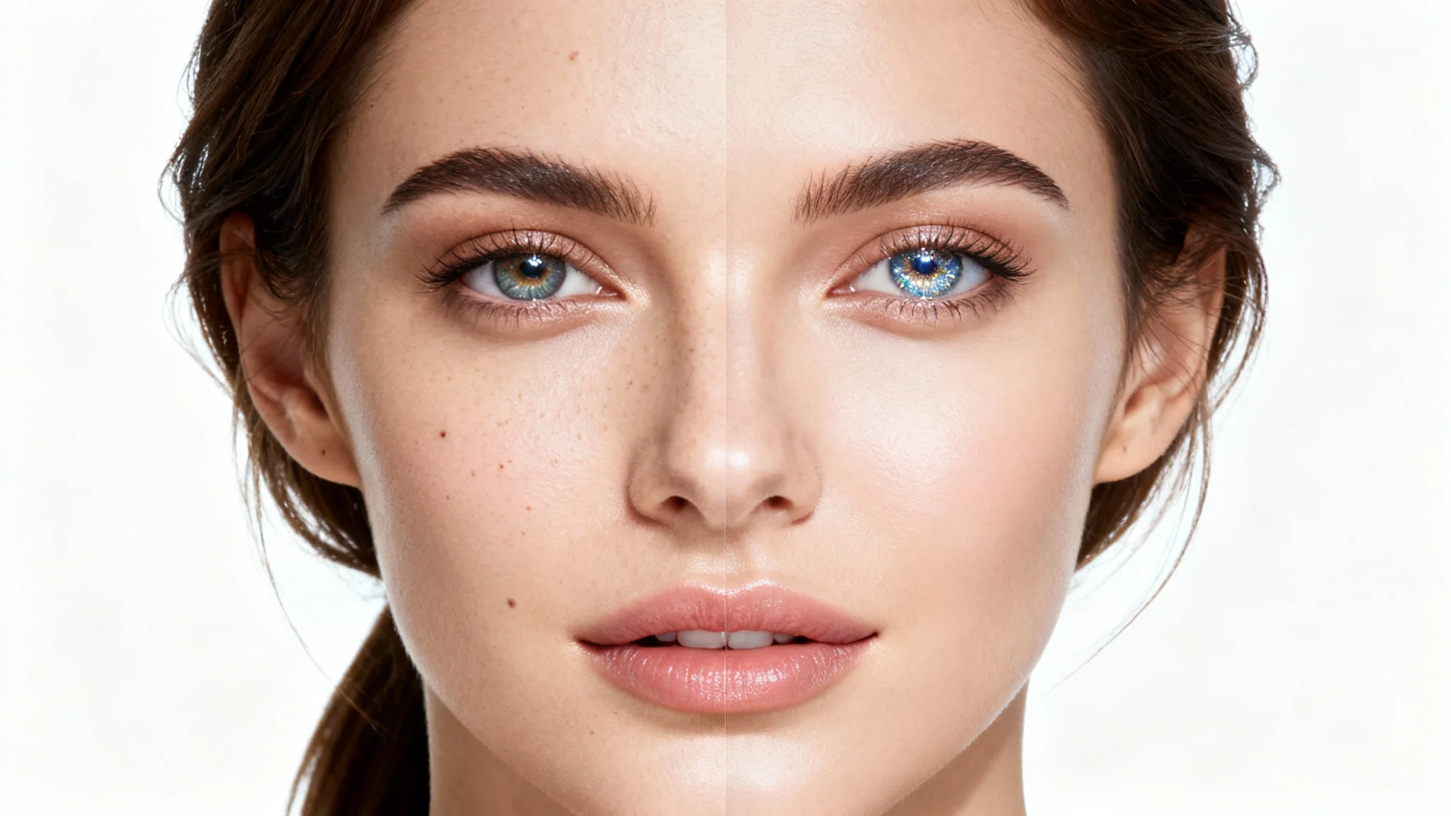A split-screen image showing the effect of photo retouching on a woman's portrait. The left side is unedited with natural blemishes, while the right side is professionally retouched with smooth skin and bright lighting.