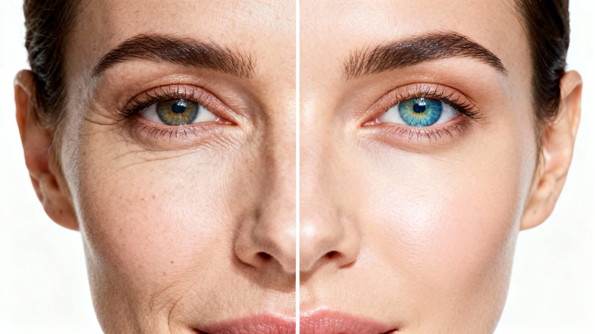 A before-and-after image demonstrating photo retouching. The left half shows a portrait with natural imperfections, while the right half shows the same portrait expertly retouched with smooth skin and vibrant colors.