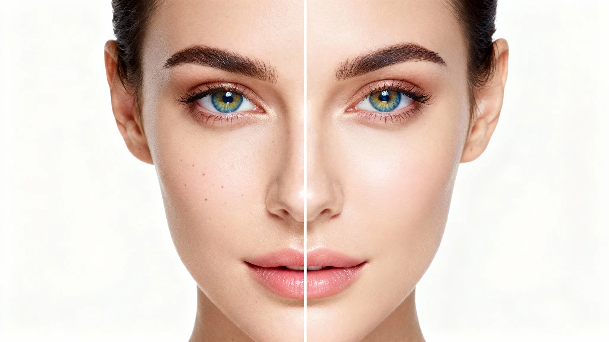 A before-and-after image demonstrating photo retouching. The left half shows a woman's face with natural skin texture and blemishes, while the right half shows the same face flawlessly retouched with smooth skin and enhanced features, all against a white background.