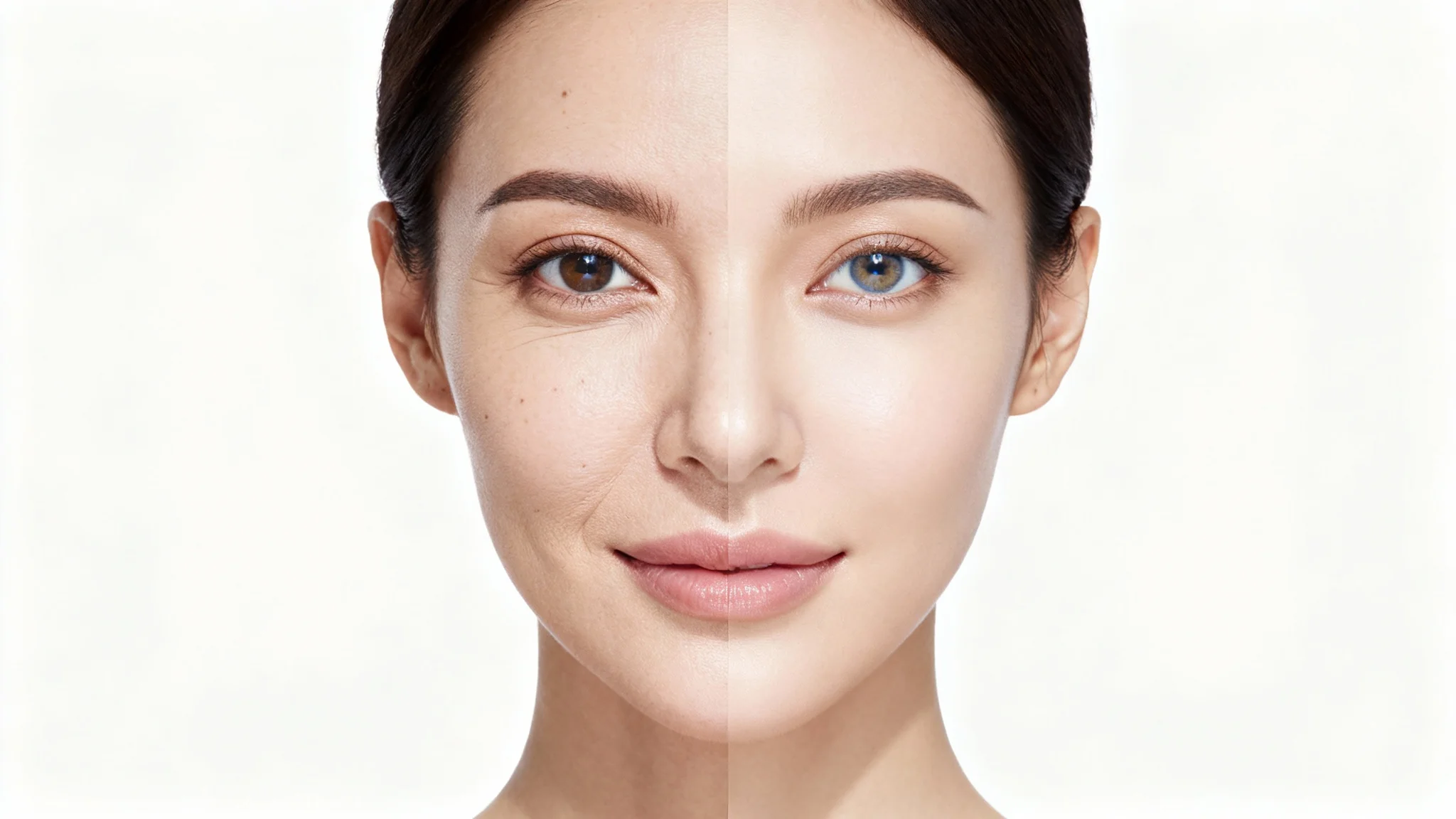 A close-up portrait of a woman's face split in half, demonstrating image retouching. The left side is the 'before' with natural skin imperfections, and the right side is the 'after' with smooth, flawless skin.