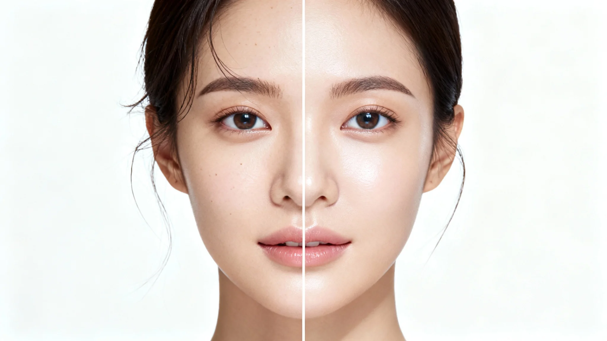 A before-and-after comparison image illustrating photo retouching. The left side shows a portrait with minor blemishes, and the right side shows the same portrait professionally retouched to have flawless skin.