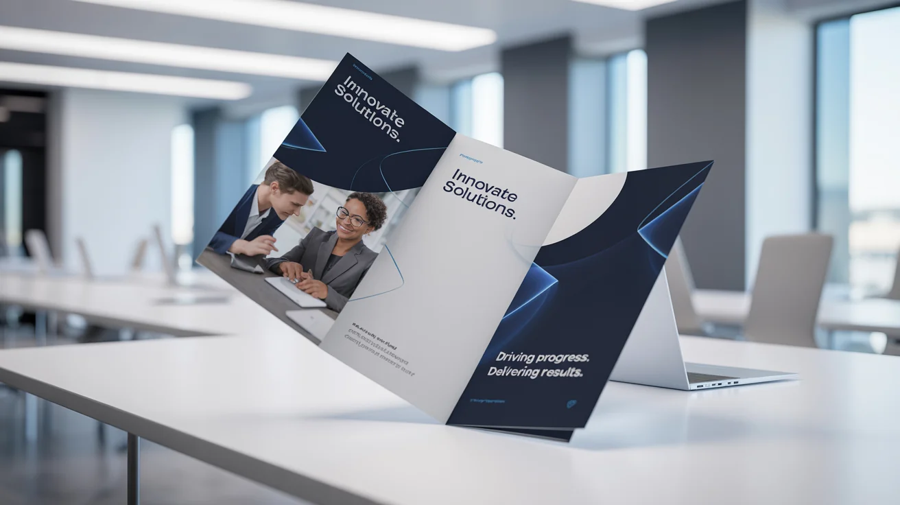 A finished, professionally designed tri-fold business brochure for 'Innovate Solutions' standing on a clean white desk, showcasing a modern and corporate final design.