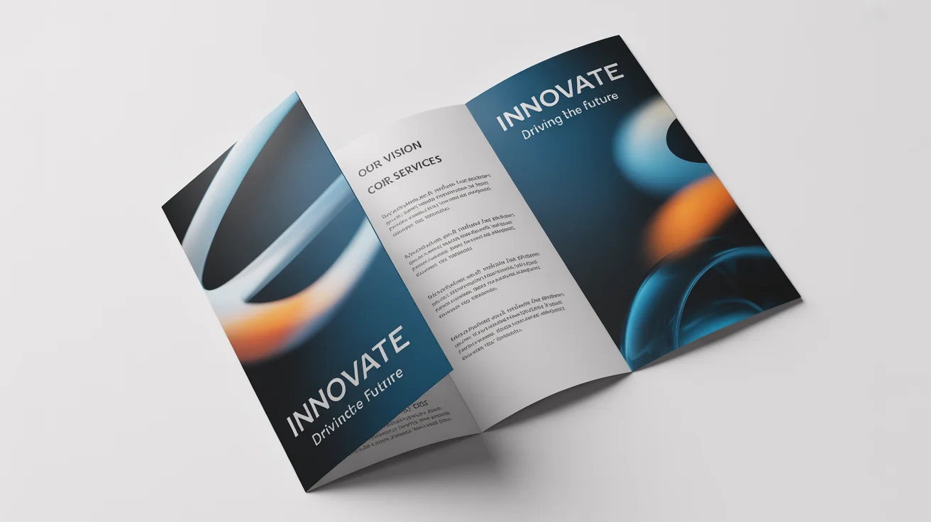 A professional tri-fold brochure for 'Innovate Solutions' shown open at an angle, displaying its modern blue, white, and orange design on a clean white surface.