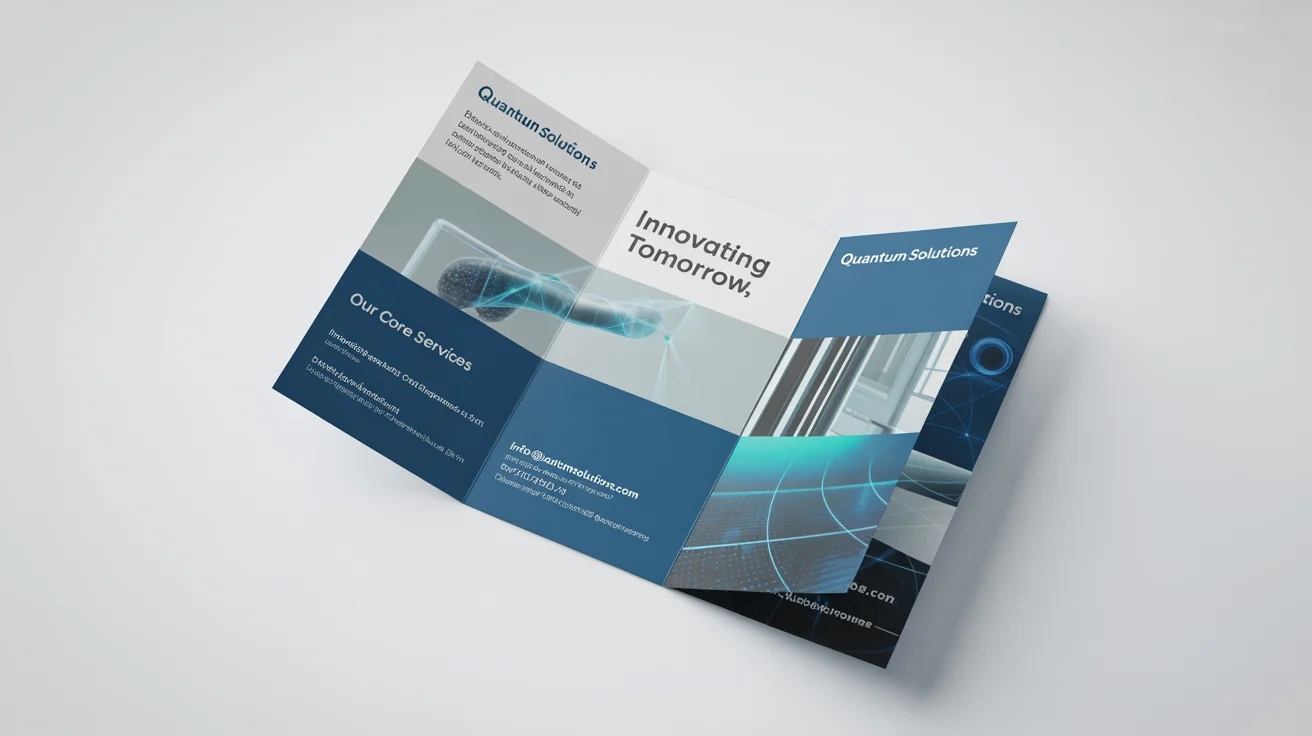 A professional mockup of a modern, corporate trifold brochure for 'Quantum Solutions', laid open on a clean white background.