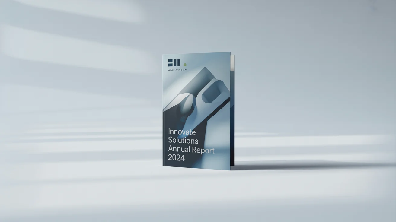 A professionally designed tri-fold brochure for 'Innovate Solutions Annual Report 2024' standing upright on a clean white background.