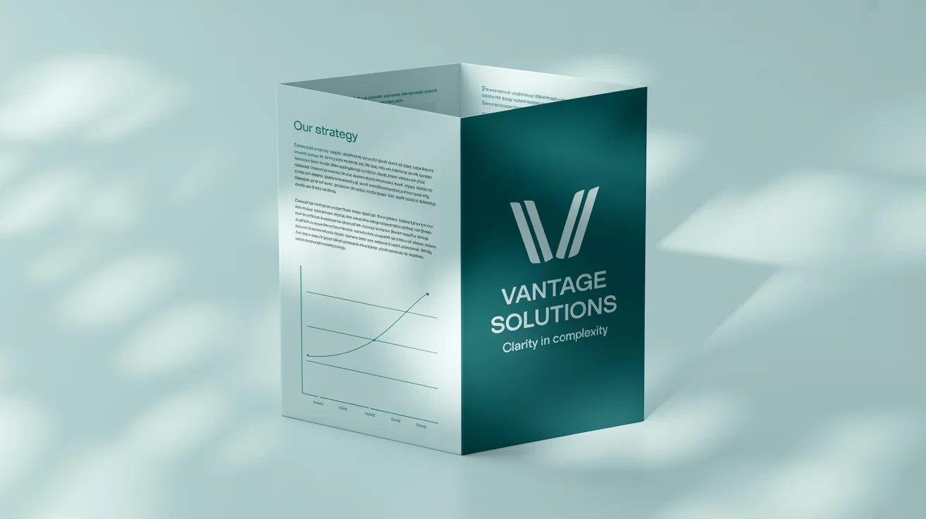 A mockup of a professional tri-fold brochure for 'Vantage Solutions' standing angled on a white background, showing its modern teal and gray cover design.