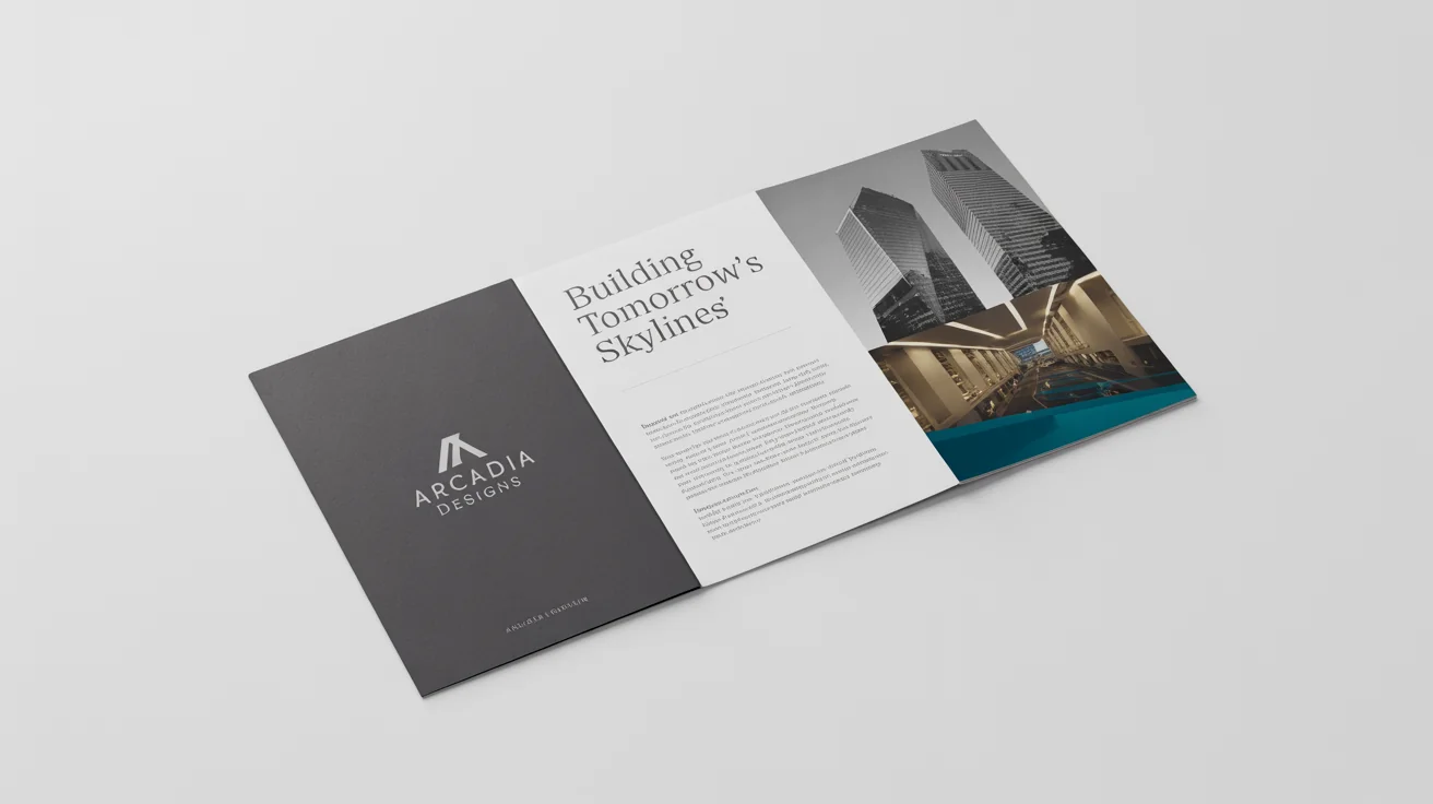 A professionally designed trifold brochure for a fictional architecture firm, 'Arcadia Designs', shown open on a clean white background.