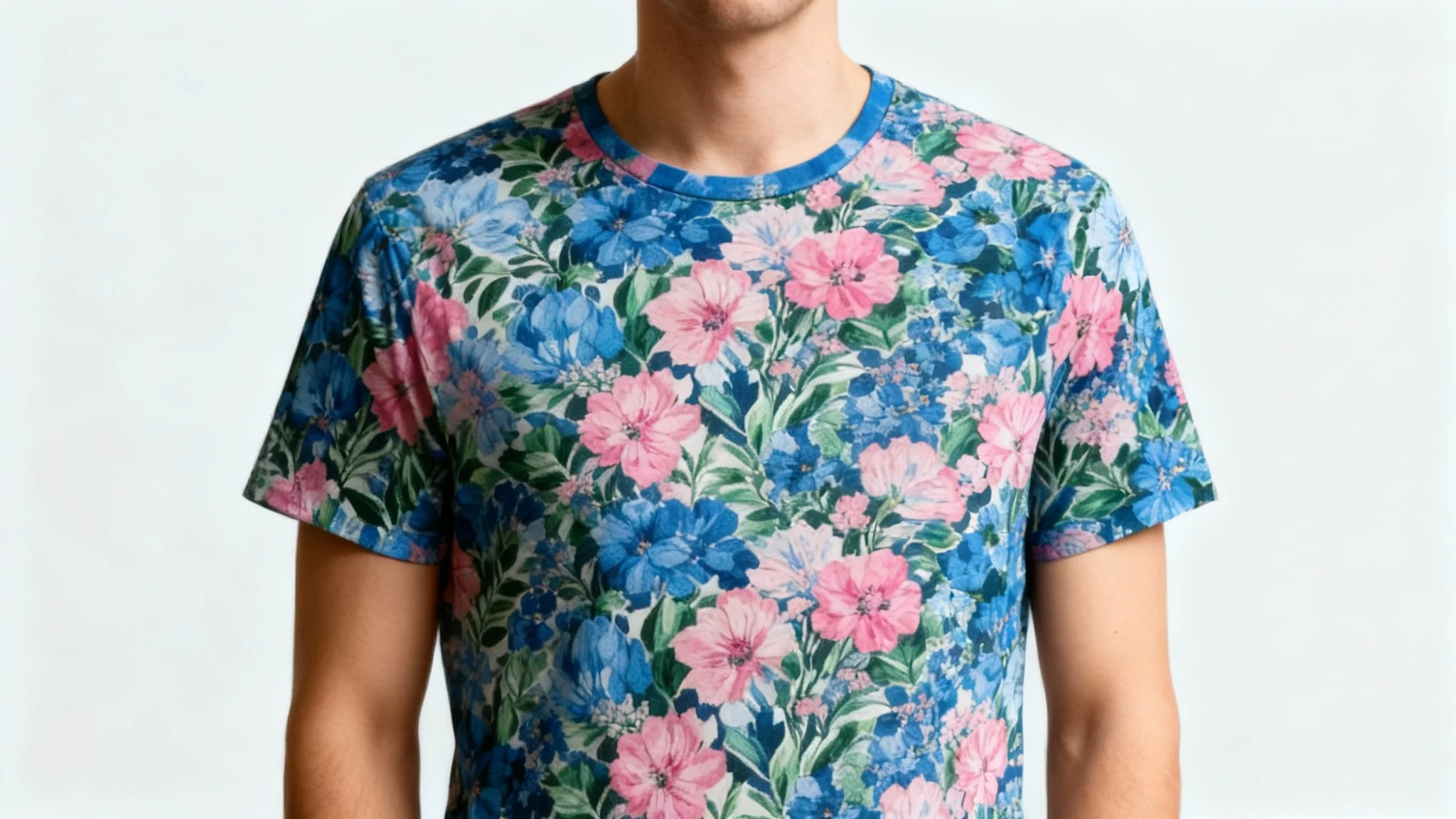 A professional mockup showing a person wearing a t-shirt with a vibrant blue, pink, and green floral design against a clean studio background.