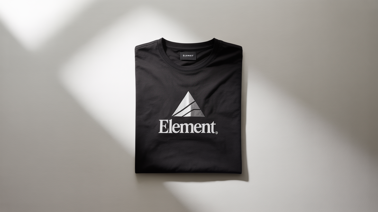 A professionally shot product image of a folded black t-shirt with a minimalist graphic and the word 'ELEMENT' on a clean white background.