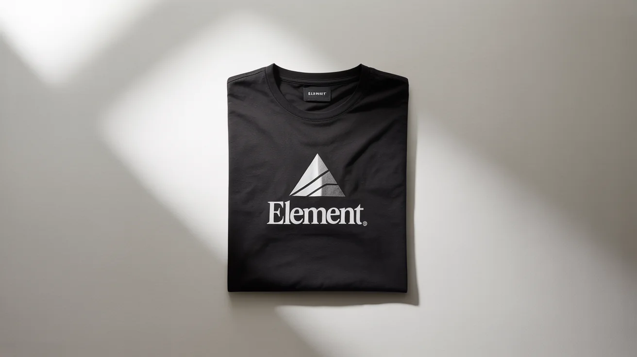 A professionally shot product image of a folded black t-shirt with a minimalist graphic and the word 'ELEMENT' on a clean white background.
