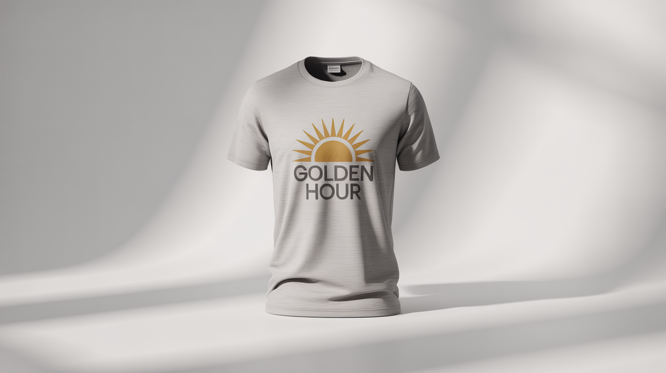 A flat lay image of a heather grey t-shirt on a white background. It features a minimalist yellow sun graphic and the words 'GOLDEN HOUR' printed on the chest.