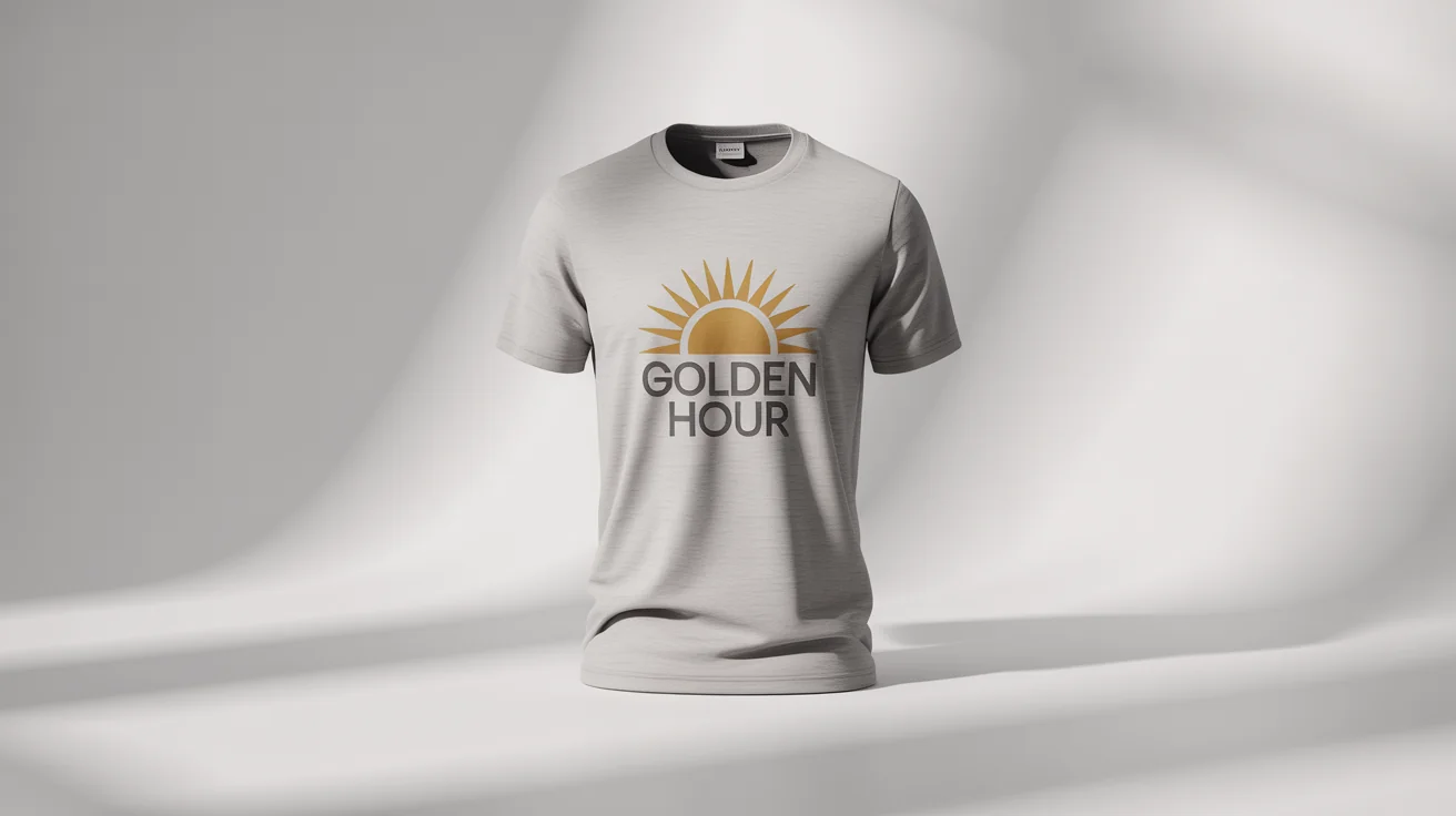 A flat lay image of a heather grey t-shirt on a white background. It features a minimalist yellow sun graphic and the words 'GOLDEN HOUR' printed on the chest.
