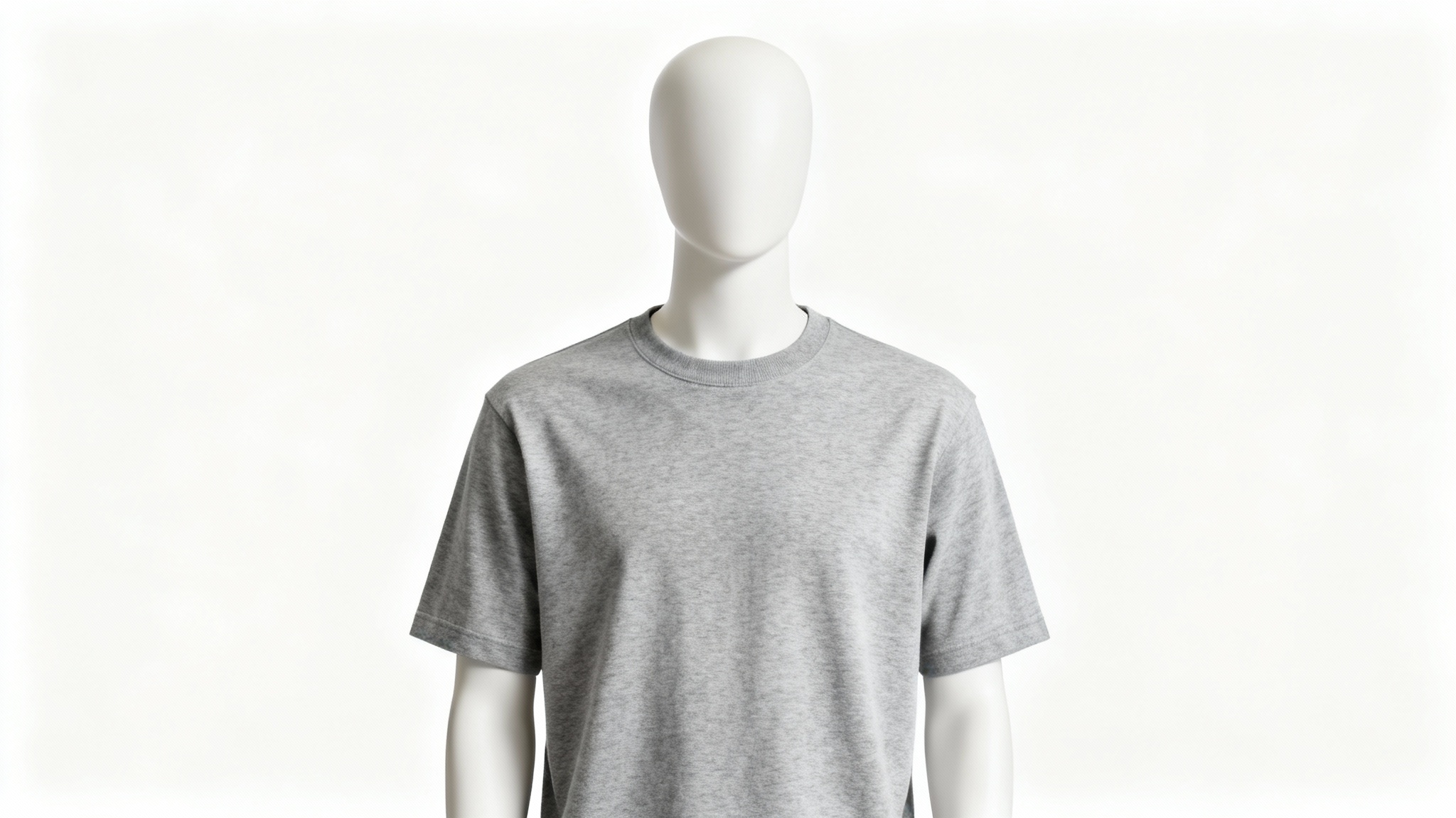 A professional mockup of a heather grey crewneck t-shirt displayed on a featureless mannequin against a solid white background.
