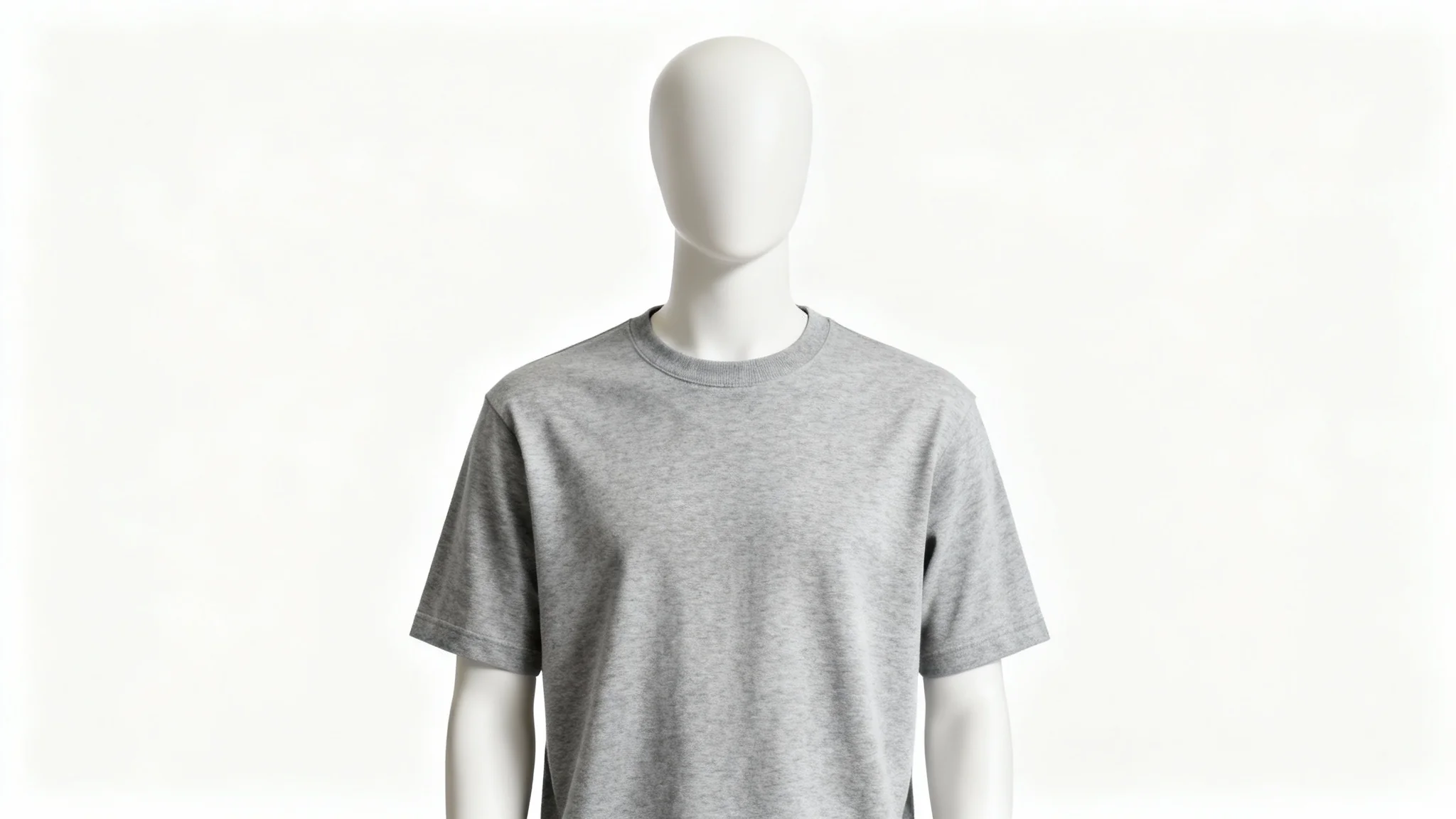 A professional mockup of a heather grey crewneck t-shirt displayed on a featureless mannequin against a solid white background.