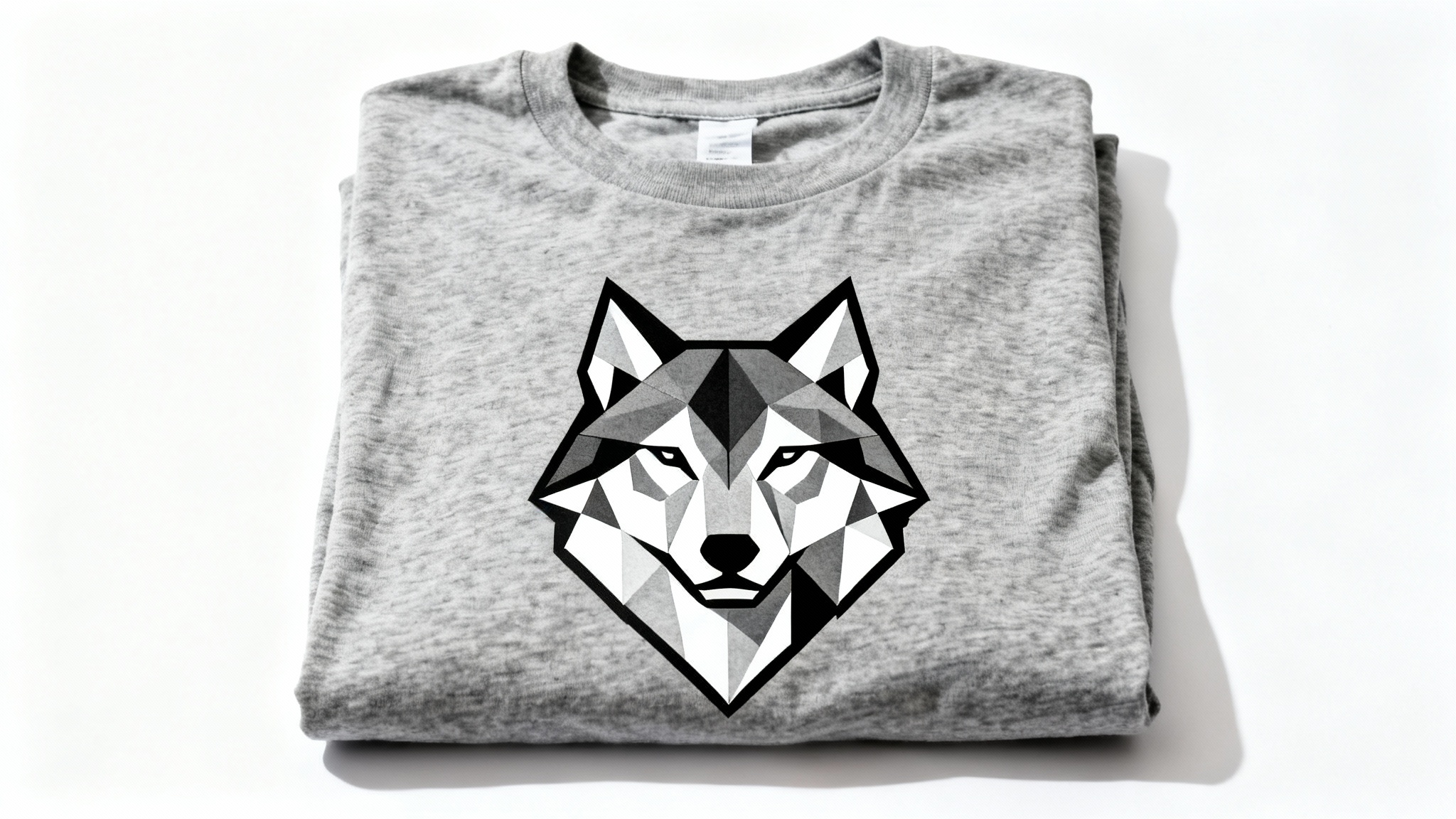 A photorealistic mockup of a folded heather grey t-shirt with a geometric wolf head graphic, displayed on a clean white background in a professional flat lay style.