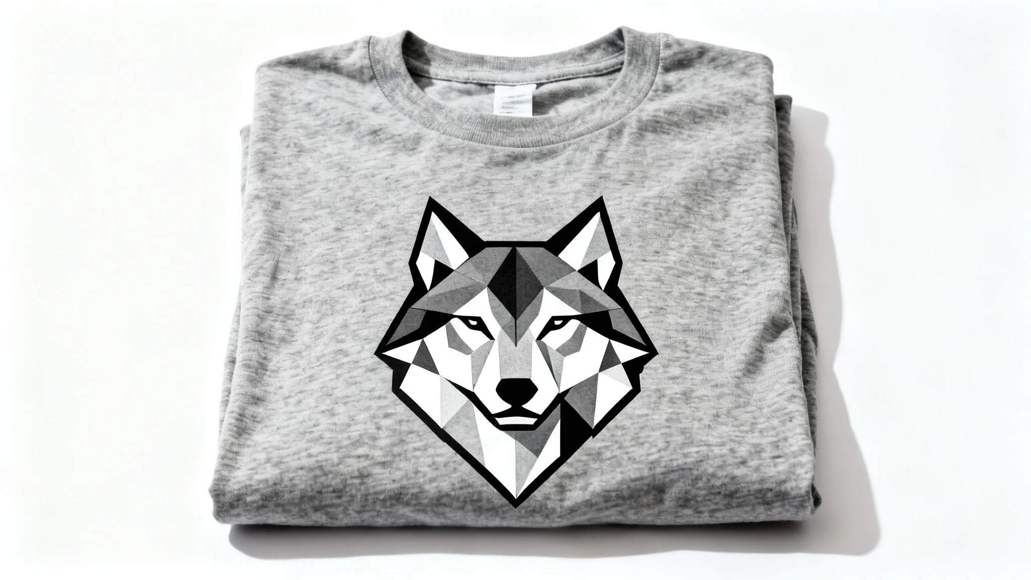 A photorealistic mockup of a folded heather grey t-shirt with a geometric wolf head graphic, displayed on a clean white background in a professional flat lay style.