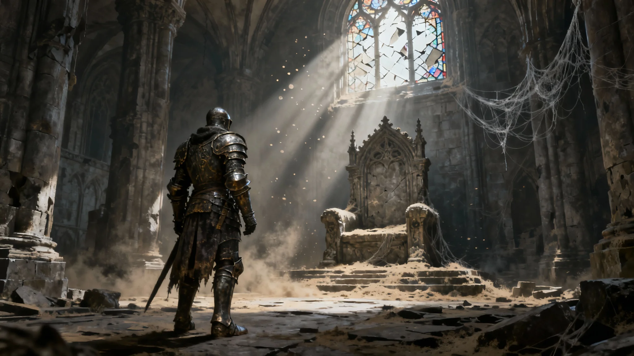A highly detailed digital painting in the style of Dark Souls, depicting a knight in full armor standing in a vast, ruined throne room with dramatic light rays shining down.