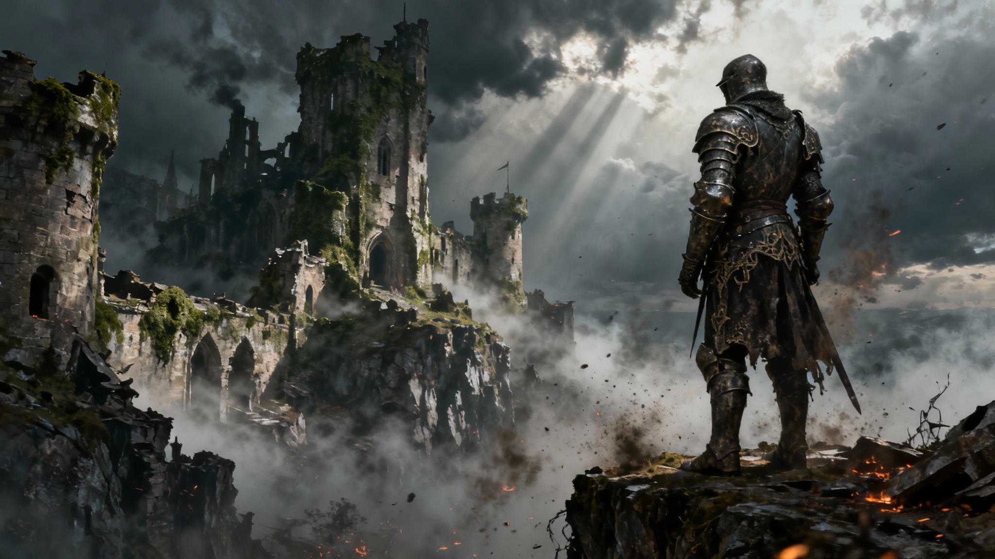 A dark fantasy digital painting in the style of Dark Souls, showing a heavily armored knight looking over a vast, ruined kingdom shrouded in fog.