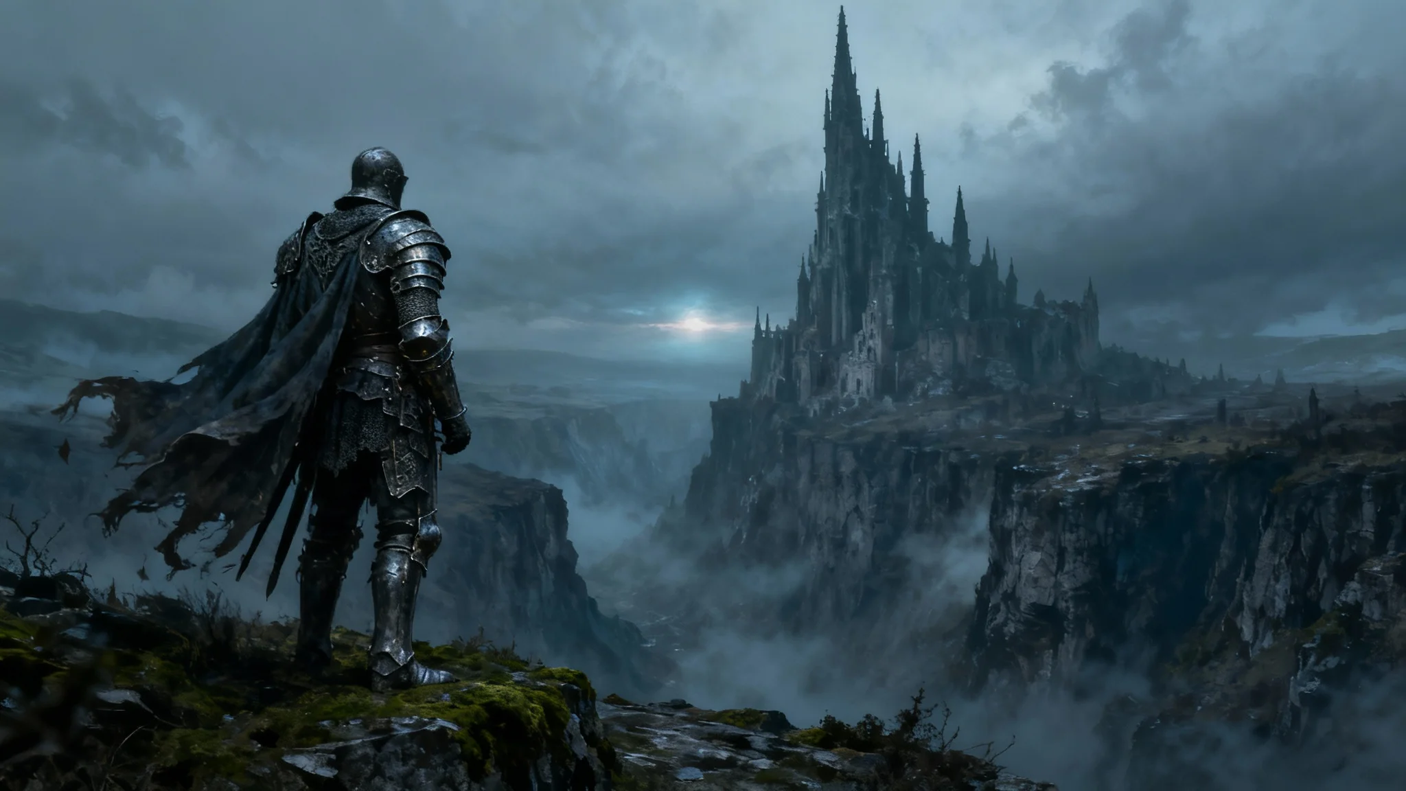 A dark fantasy digital painting depicting a knight in detailed armor looking out over a misty, desolate valley towards a massive, decaying castle in the distance, capturing the somber aesthetic of Dark Souls.