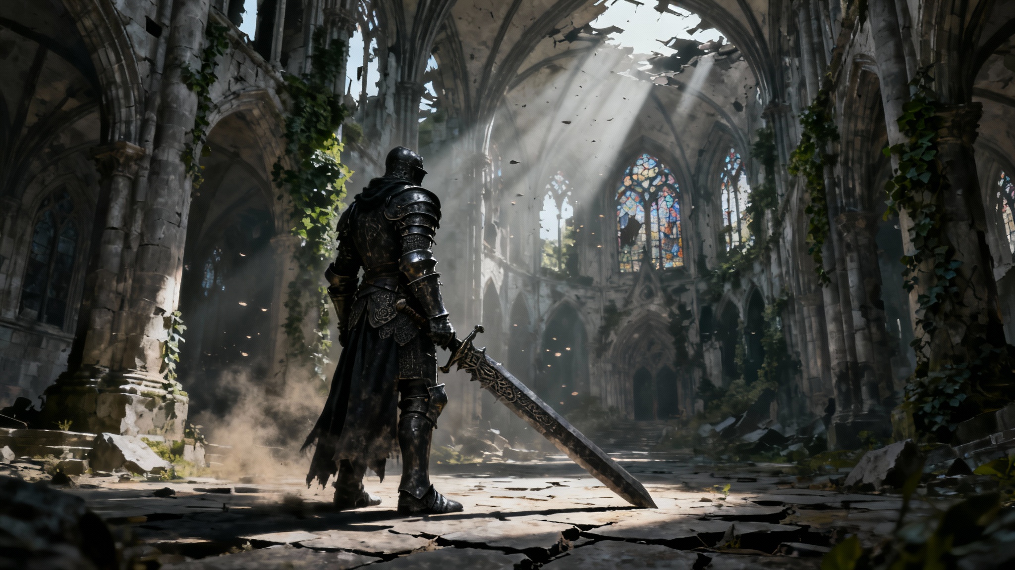 A digital painting in the dark fantasy style of Dark Souls, showing a heavily armored knight standing in the ruins of a gothic cathedral, illuminated by shafts of light.