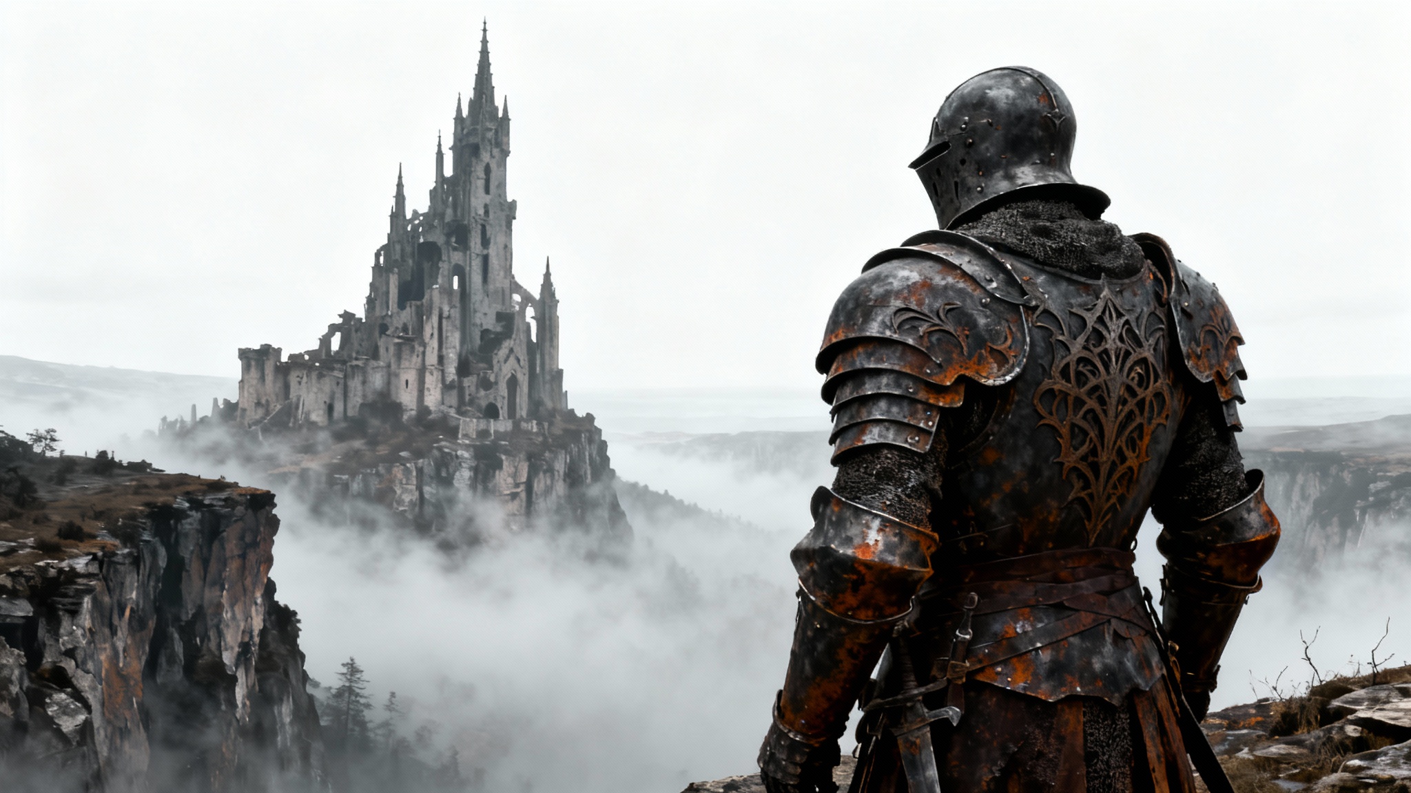 A dark fantasy digital painting in the style of Dark Souls, featuring a heavily armored knight overlooking a misty valley with a giant, ruined castle in the distance. The artwork is displayed against a plain white background.