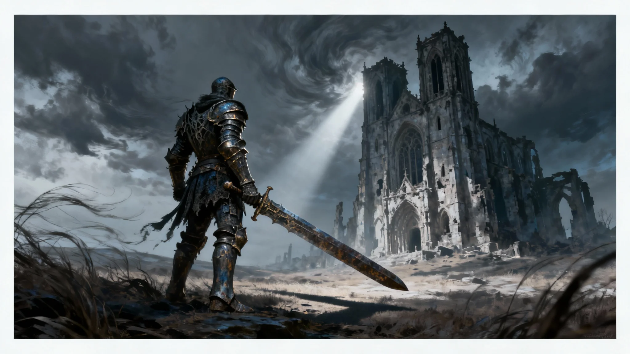 A digital painting in the dark fantasy style of Dark Souls, showing a heavily armored knight with a large sword standing before a massive, ruined gothic cathedral under a dark and stormy sky.