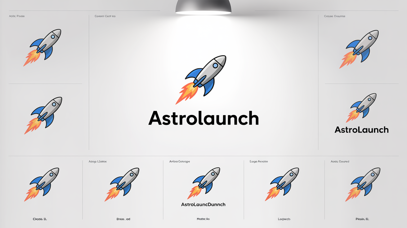 A brand identity showcase featuring several modern and sleek rocket logos in blue, orange, and silver on a light gray background.