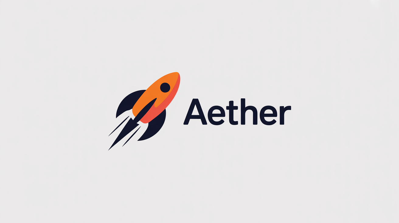 A modern, minimalist logo of a stylized orange and navy blue rocket launching. Next to it, the word 'Aether' is written in a navy blue font. The background is solid white.