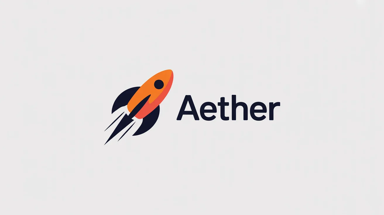 A modern, minimalist logo of a stylized orange and navy blue rocket launching. Next to it, the word 'Aether' is written in a navy blue font. The background is solid white.
