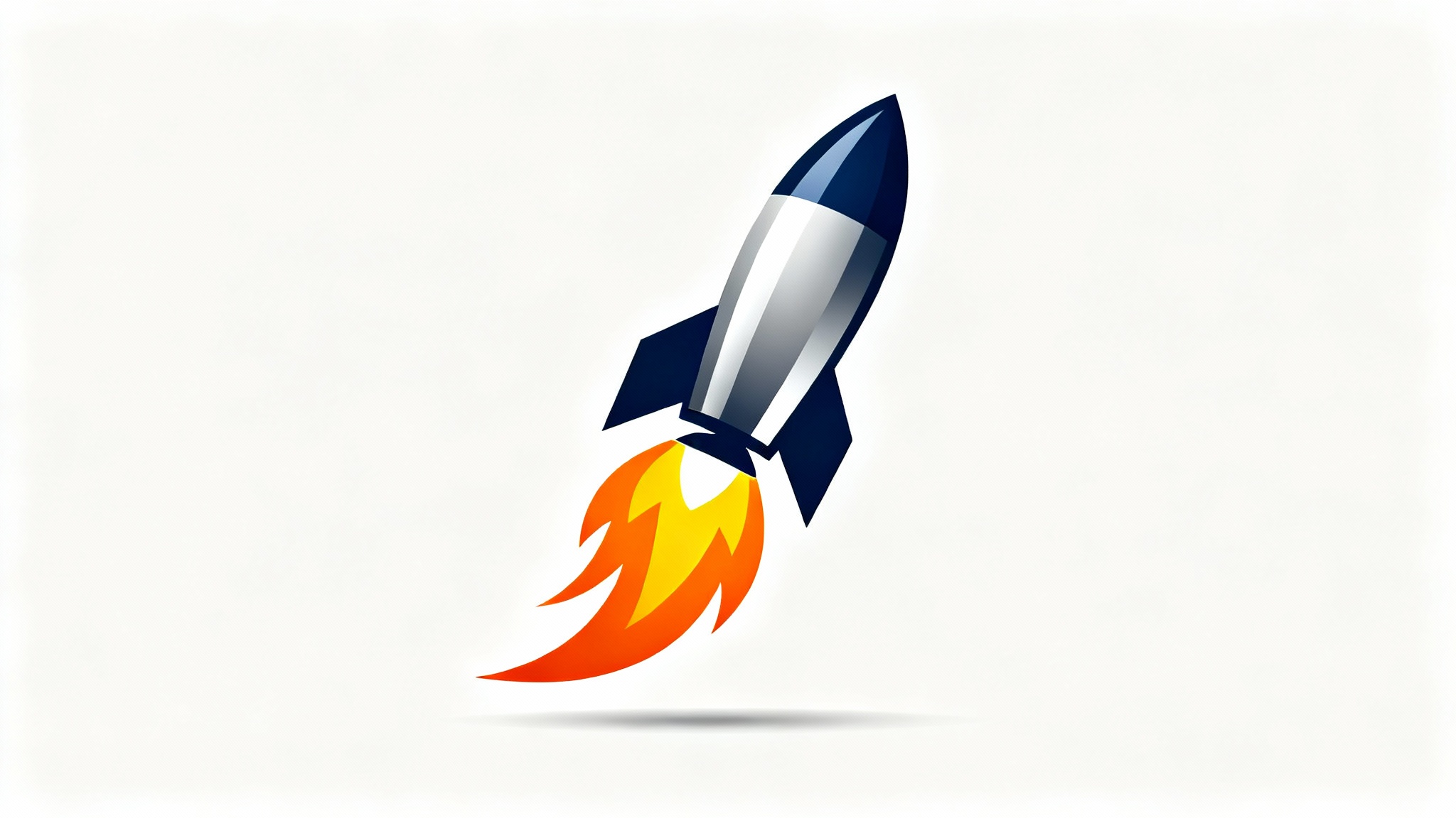 A modern, minimalist logo of a sleek blue and silver rocket launching upwards against a white background, with a vibrant orange flame trail.