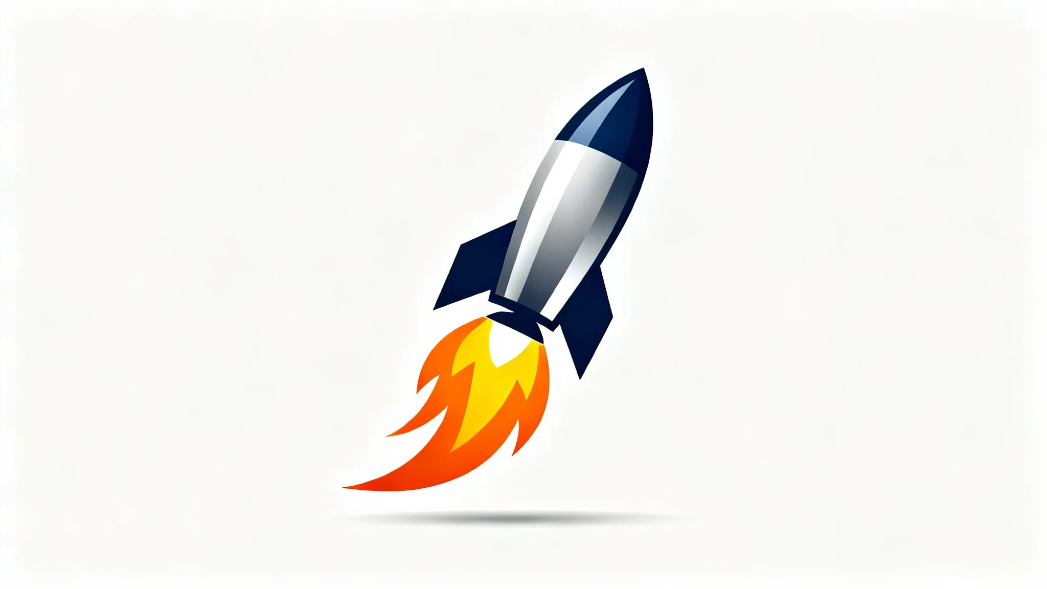 A modern, minimalist logo of a sleek blue and silver rocket launching upwards against a white background, with a vibrant orange flame trail.