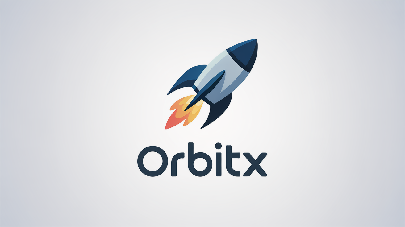 A modern logo mockup featuring a stylized navy blue rocket ship ascending, with a bright orange flame trail. Below the icon is the fictional brand name 'ORBITX' in a bold, dark gray font, all set against a clean white background.