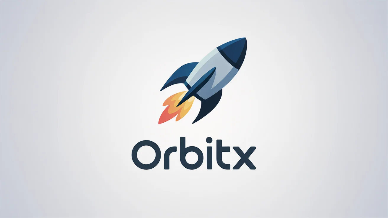 A modern logo mockup featuring a stylized navy blue rocket ship ascending, with a bright orange flame trail. Below the icon is the fictional brand name 'ORBITX' in a bold, dark gray font, all set against a clean white background.