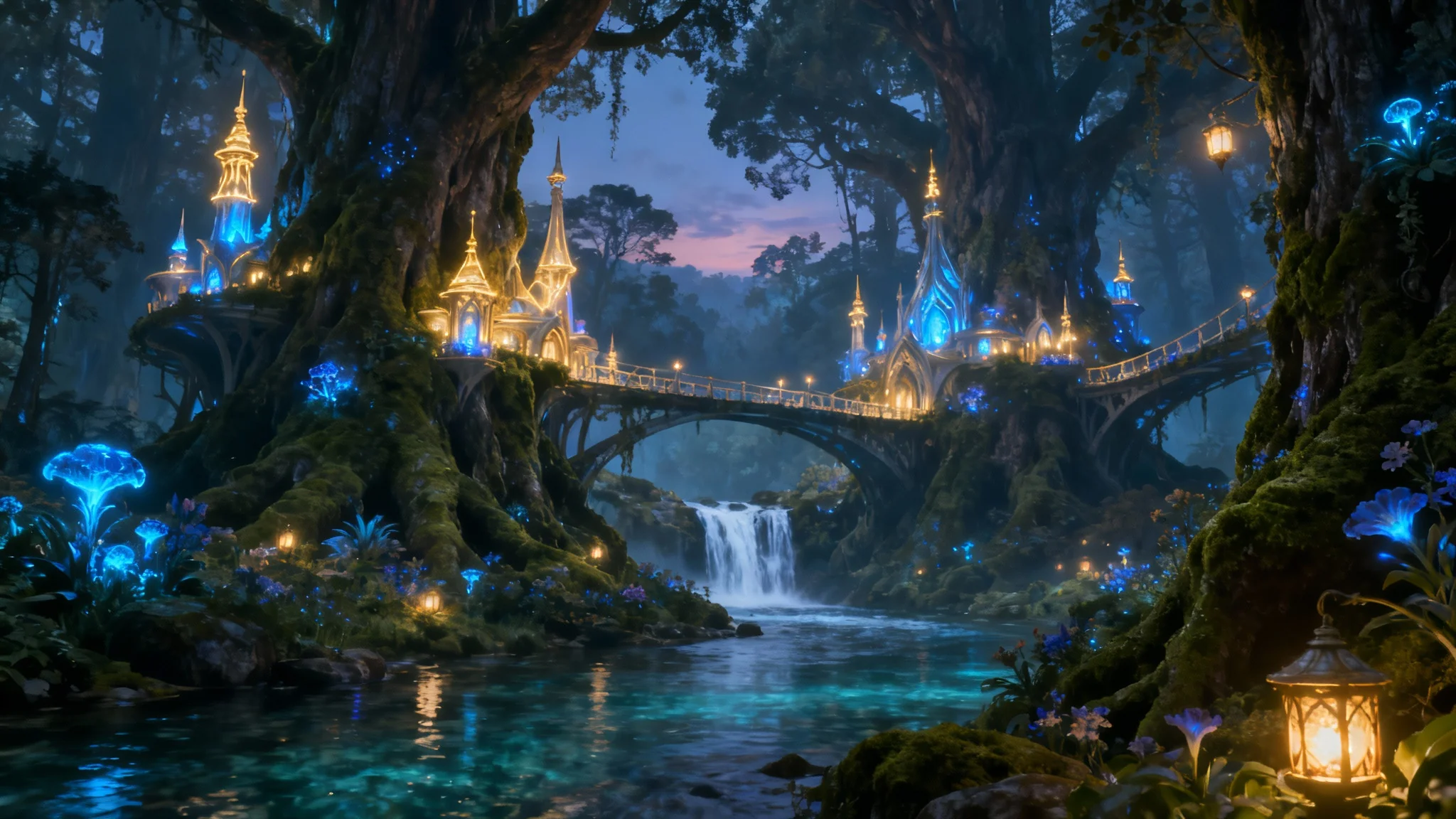 A breathtaking digital painting of a magical elven city nestled within a vast forest at twilight, featuring glowing architecture and a cascading waterfall, creating a serene and enchanting scene.