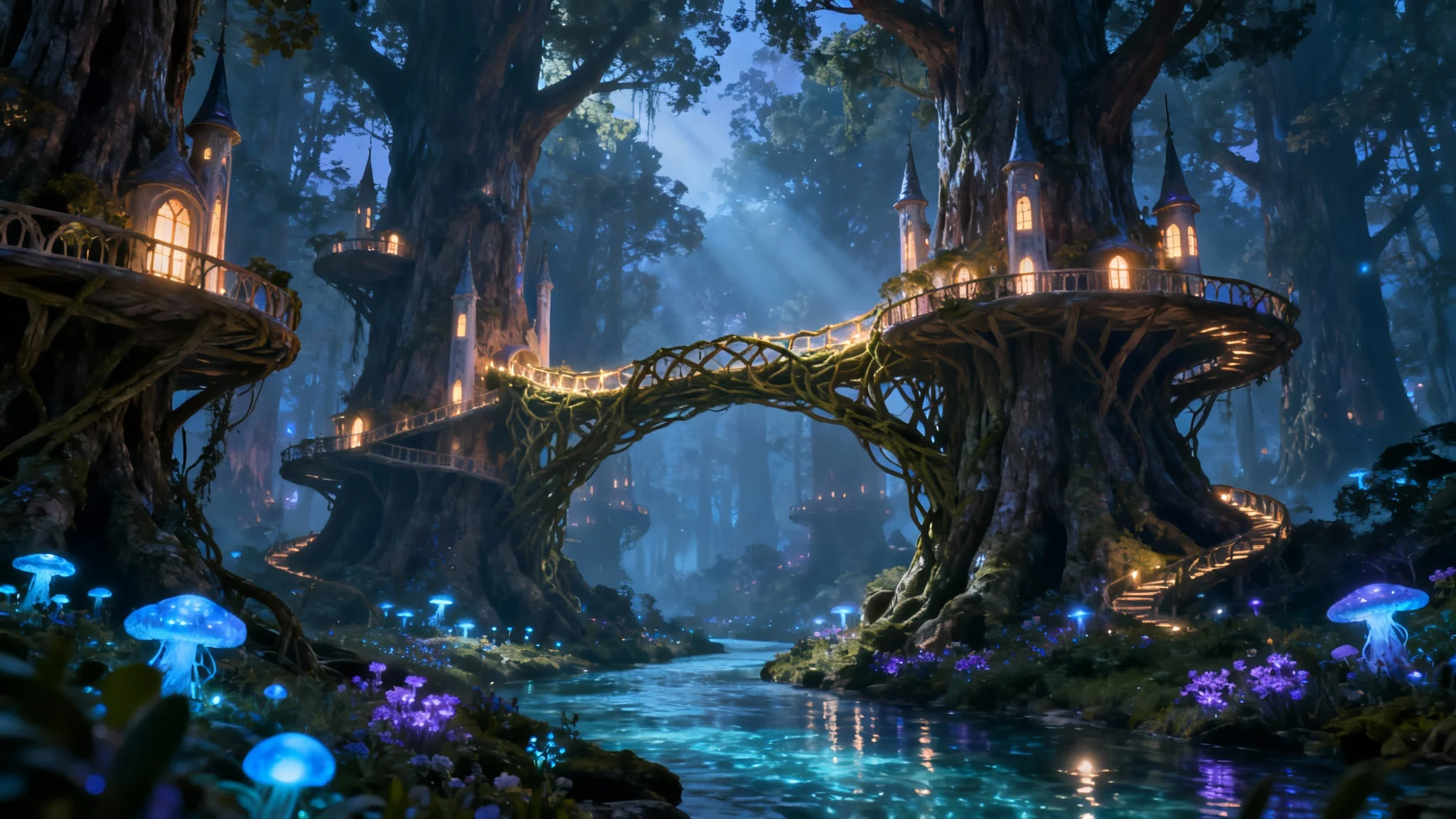 An awe-inspiring view of a magical elven city built within a giant, ancient forest at twilight, with glowing bridges connecting tree-towers over a shimmering river.