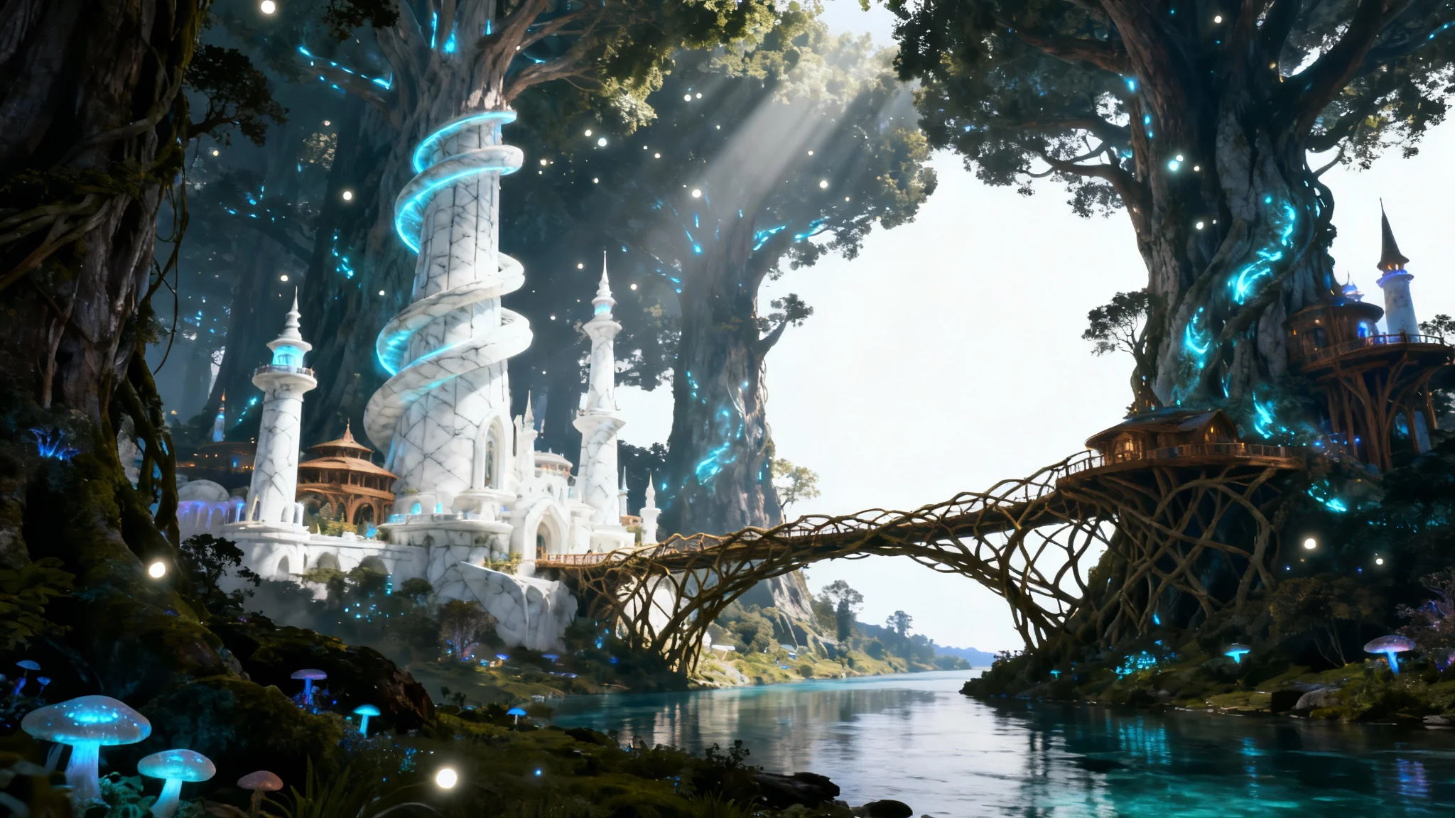 A serene and majestic elven city built into an ancient, magical forest, with glowing towers and a clear river, presented on a white background.