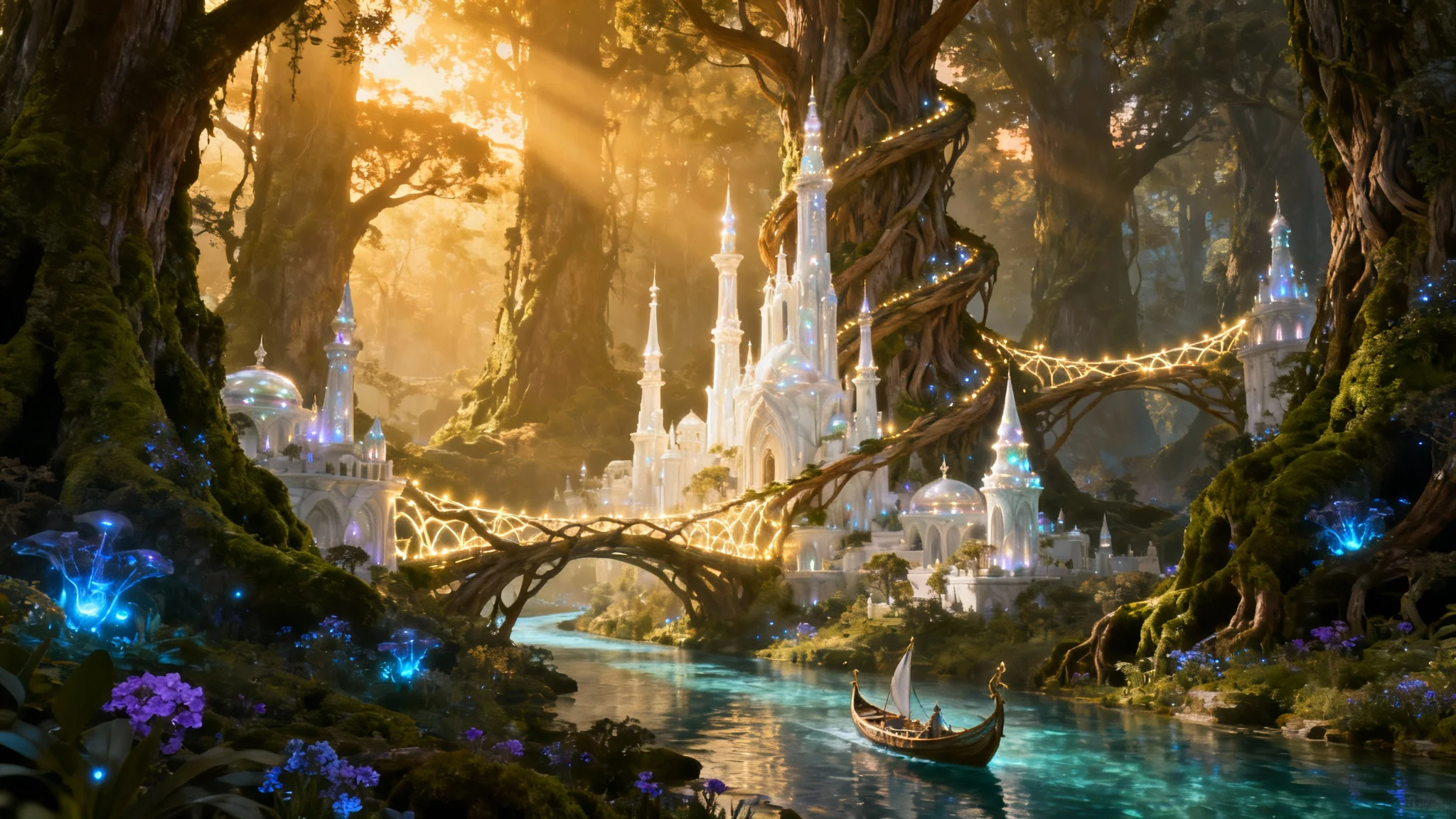 A serene and magical elven city integrated with an ancient forest, featuring glowing bridges, slender towers, and a crystal-clear river under an ethereal golden light.