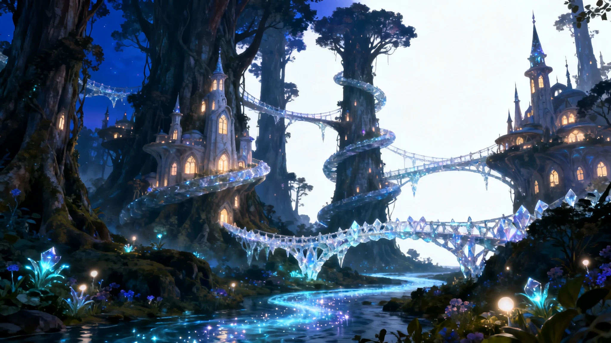 A stunning digital painting of a fantasy elven city built into a giant forest, with glowing towers and crystal bridges, set against a plain white background.