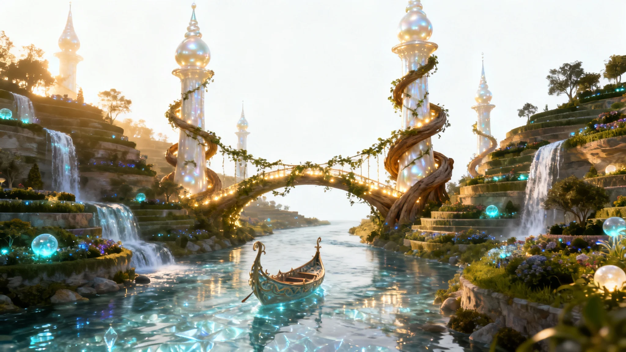 A photorealistic mockup of a magical elven city built into a forest, with glowing bridges and waterfalls, isolated on a white background.