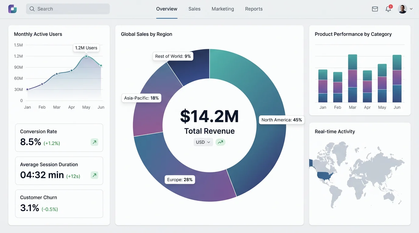 A professionally designed business dashboard with a large, modern donut chart in the center showing 'Global Sales by Region', surrounded by other data graphs and key metrics.