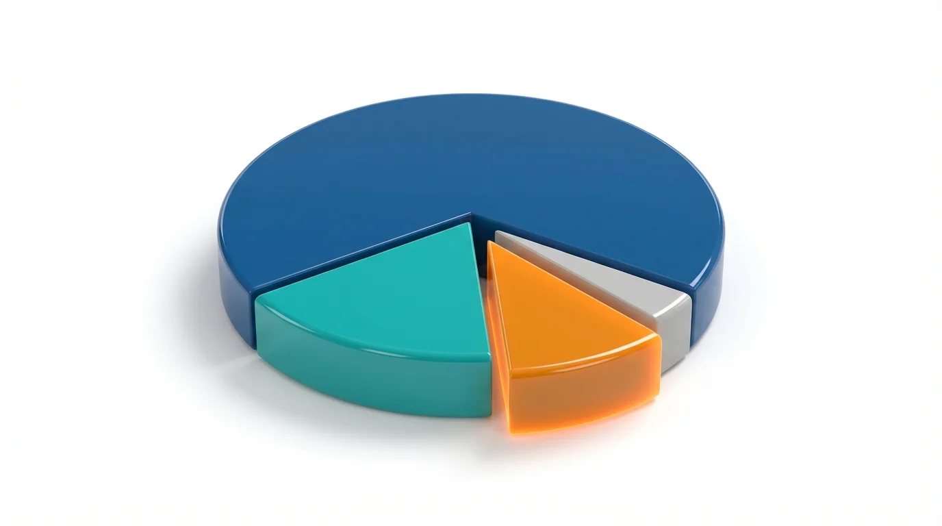 A modern 3D pie chart on a white background, featuring four segments in blue, teal, orange, and gray. The orange slice is slightly separated from the others to highlight it.