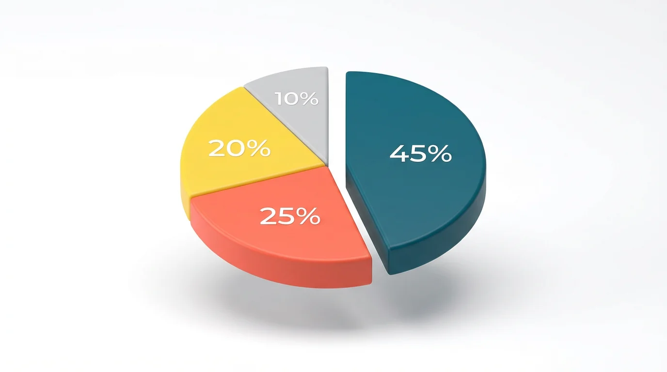 A modern 3D pie chart with four colorful segments (teal, coral, yellow, gray) showing percentages, with one slice slightly pulled out for emphasis, against a clean white background.