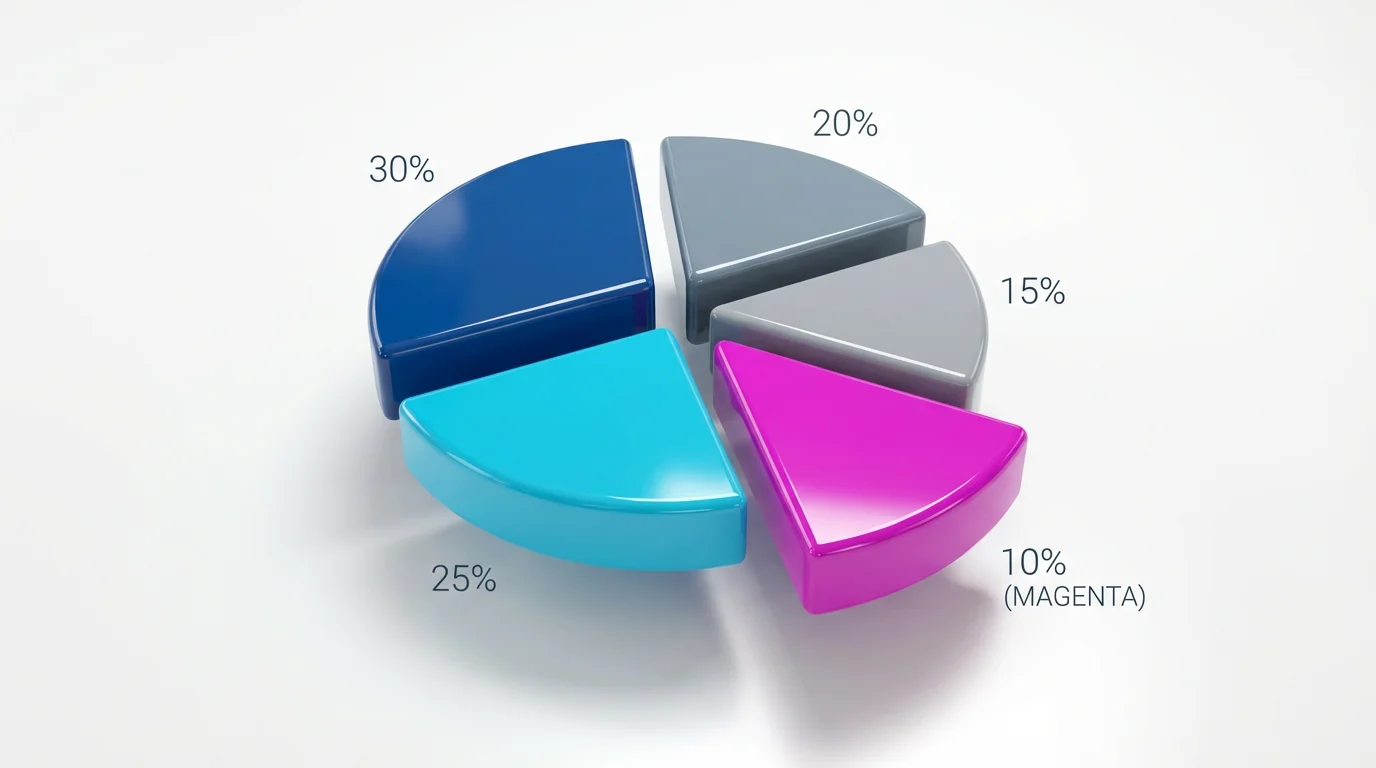 A modern 3D pie chart with five colorful, glossy slices on a white background. A single magenta slice is pulled out from the chart for emphasis.
