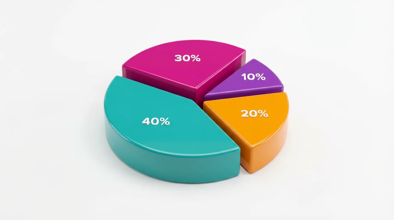 A modern, 3D pie chart on a white background, featuring four colorful segments in teal, magenta, orange, and purple, with the largest teal segment slightly separated from the others.