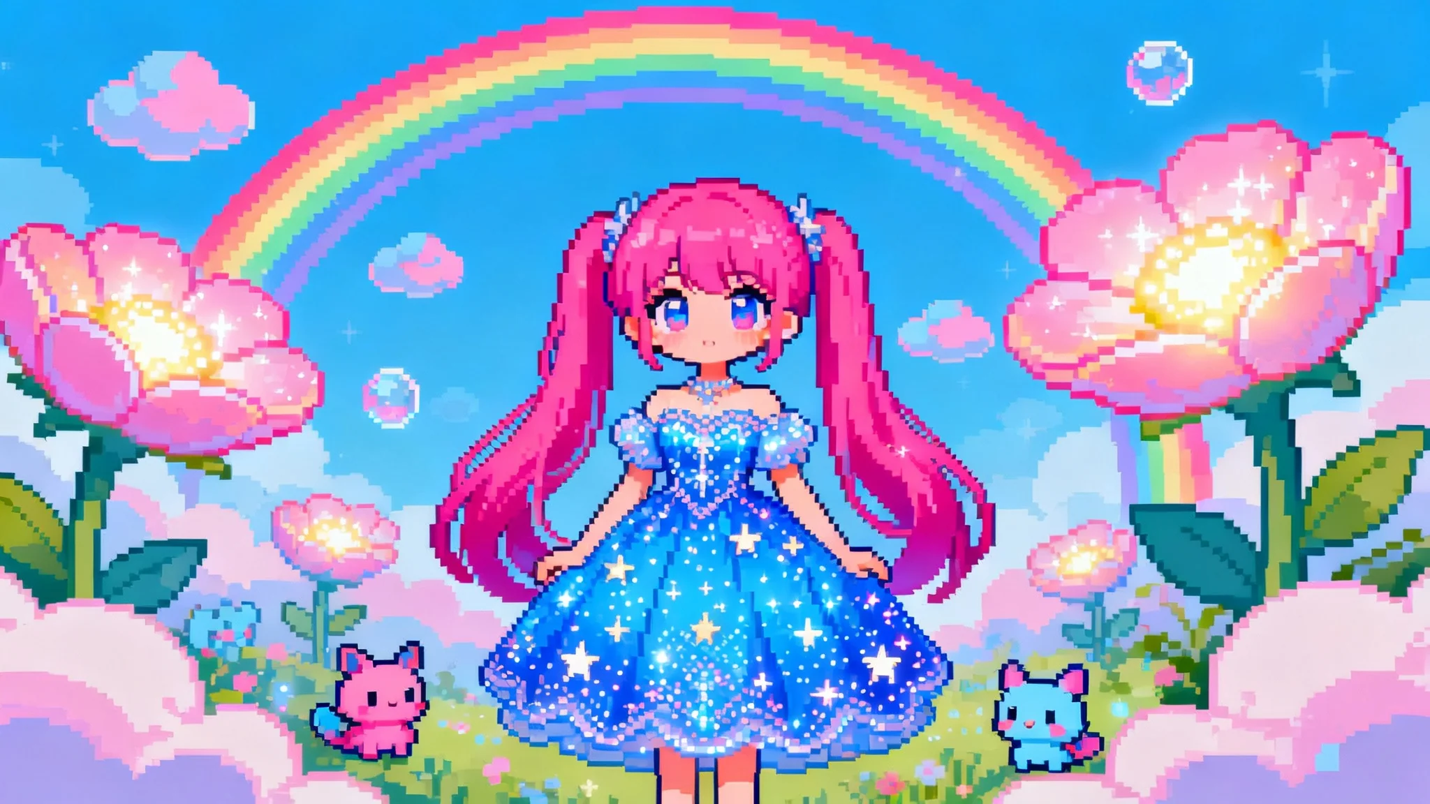 A finished, polished Everskies-style pixel art scene showing a female avatar with pink hair and a blue dress in a fantasy world with a rainbow, clouds, and oversized flowers.