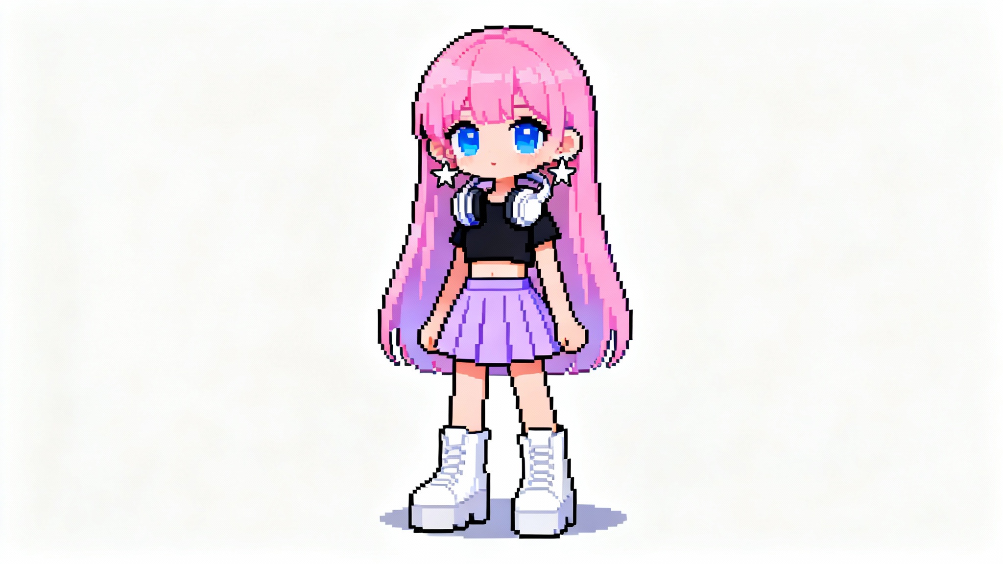 A full-body pixel art illustration of a stylish anime girl with pink hair and a trendy outfit, created in the style of a digital dress-up game avatar, isolated against a white background.