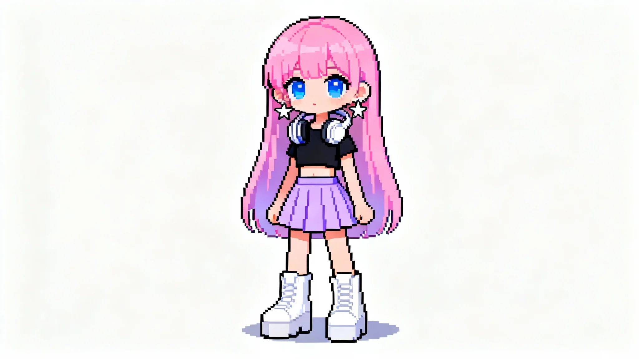 A full-body pixel art illustration of a stylish anime girl with pink hair and a trendy outfit, created in the style of a digital dress-up game avatar, isolated against a white background.