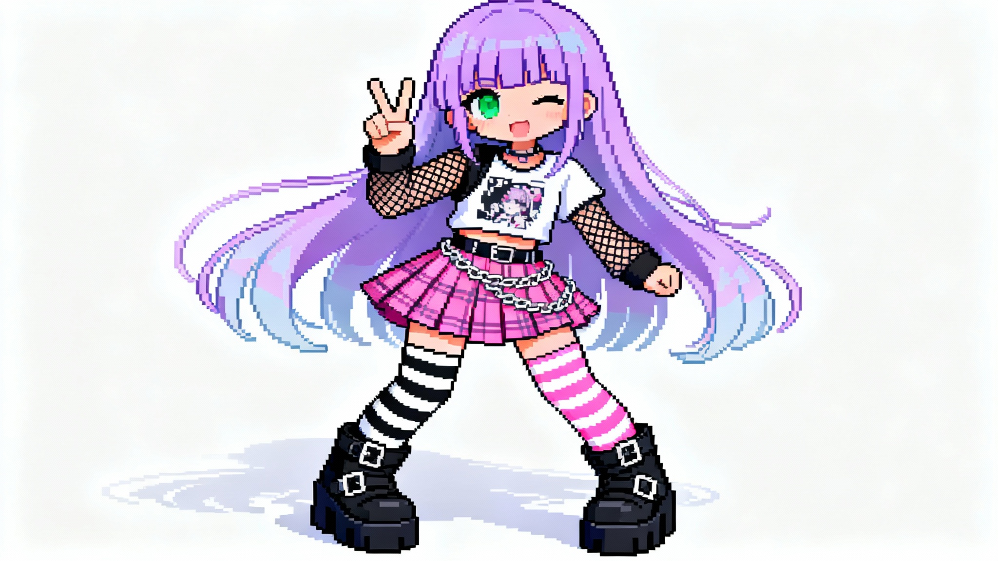 A full-body pixel art illustration of a stylish anime girl with pastel purple hair, wearing a trendy layered outfit and making a peace sign, created in the 'Everskies' aesthetic against a plain white background.
